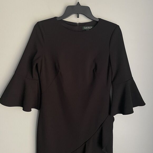 Lauren Ralph Lauren Black Dress Size 2 Bell Sleeves Crepe Dress Ruffled Hem - Picture 2 of 12
